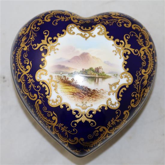 A Coalport jewelled twin handled vase and a heart shaped box and cover, late 19th century, vase 16cm, restored